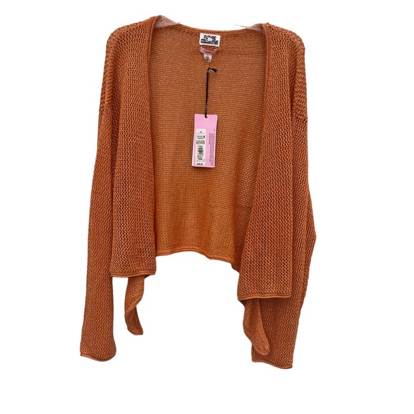 ALANI NOELLE FUTURE COLLecTIVE Women 1X Orange Metallic Crop Open Knit Cardigan - Picture 2 of 16